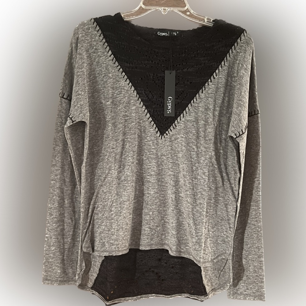 NEW GYPSY 05 Long Sleeve top with crochet v-neck insert in front & back detail - Picture 1 of 8